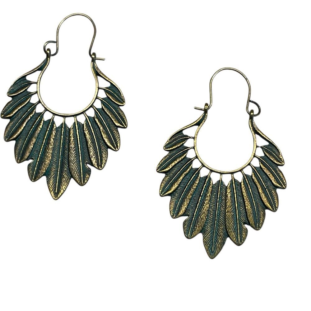 Brass Feather Patina Hoop Dangle Pierced Boho Tribal Hoop Earrings